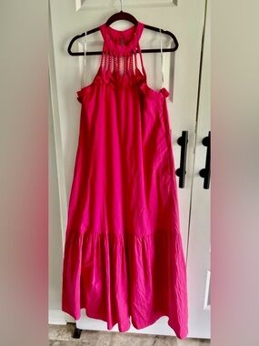 Anthro Self Contrast Hot Pink Halter Maxi Dress with beaded Yoke size medium